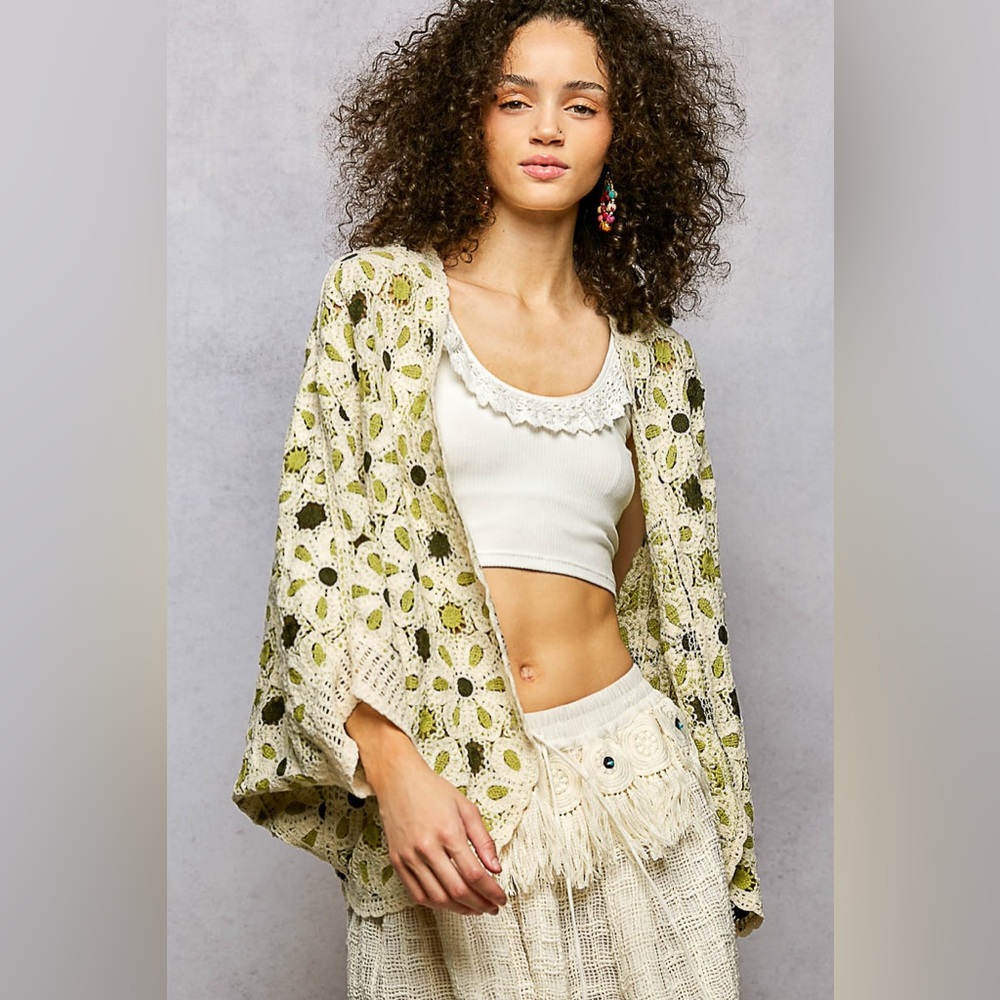 PT13 New POL Floral Crochet Open-Front Sweater